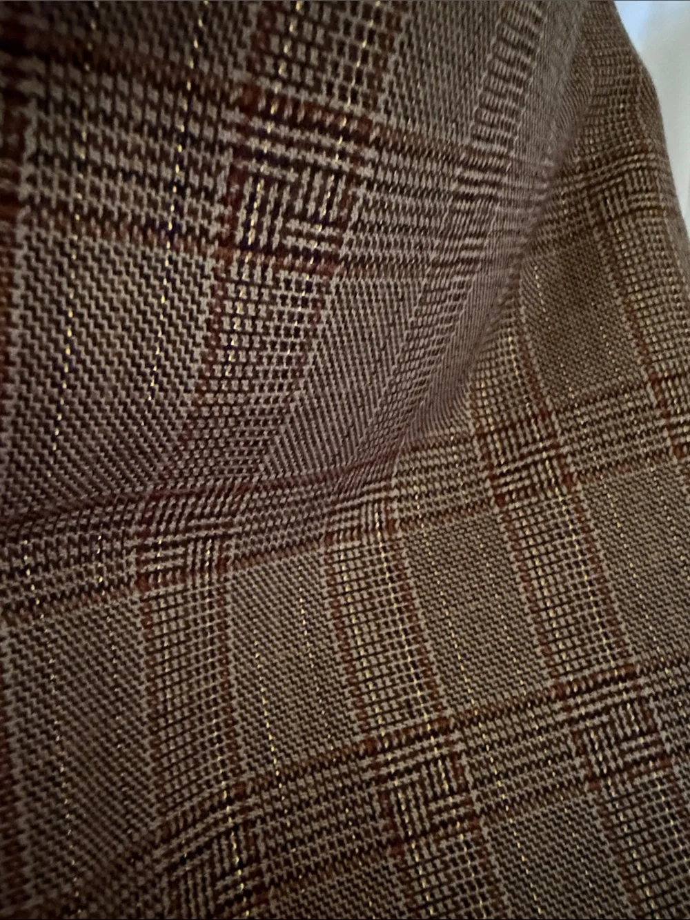 Vintage Glen Plaid Suiting Fabric 1 Yard x 58” Brown Taupe Gold Metallic Lurex